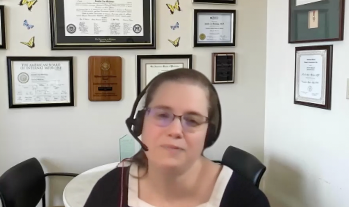 Jennifer Ann Meddings, MD, answers a question during a Zoom video interview