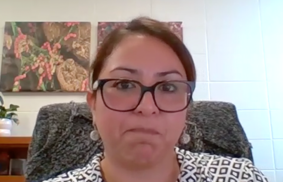 Ana Lidia Flores-Mireles, PhD, answers a question during a Zoom video interview